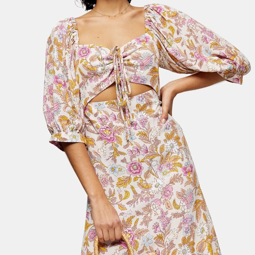 Topshop White Floral Print Cut Out Midi Dress